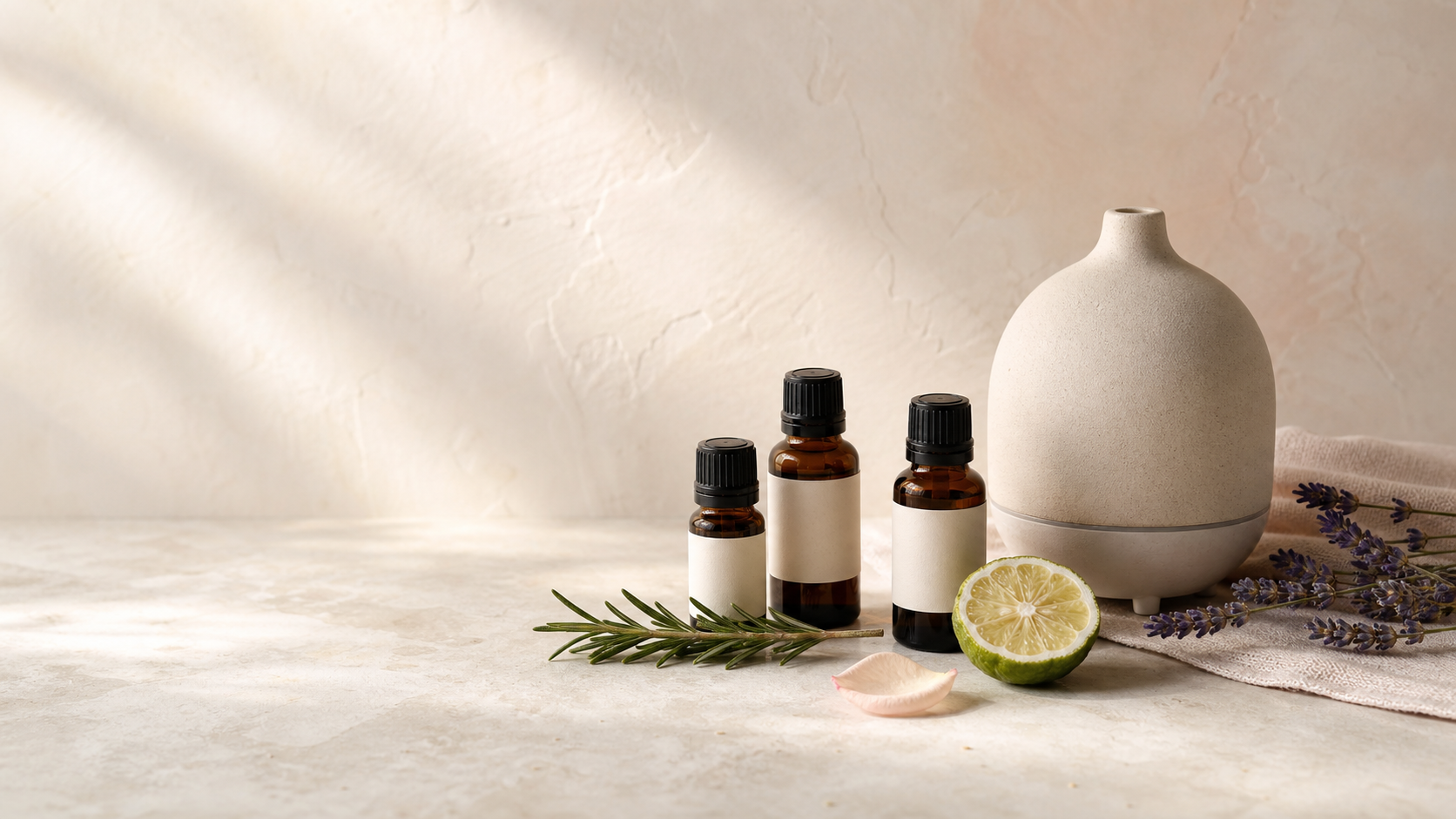 Ätherische Öle, Kräuter und ein dezenter Diffuser in warmen Naturtönen